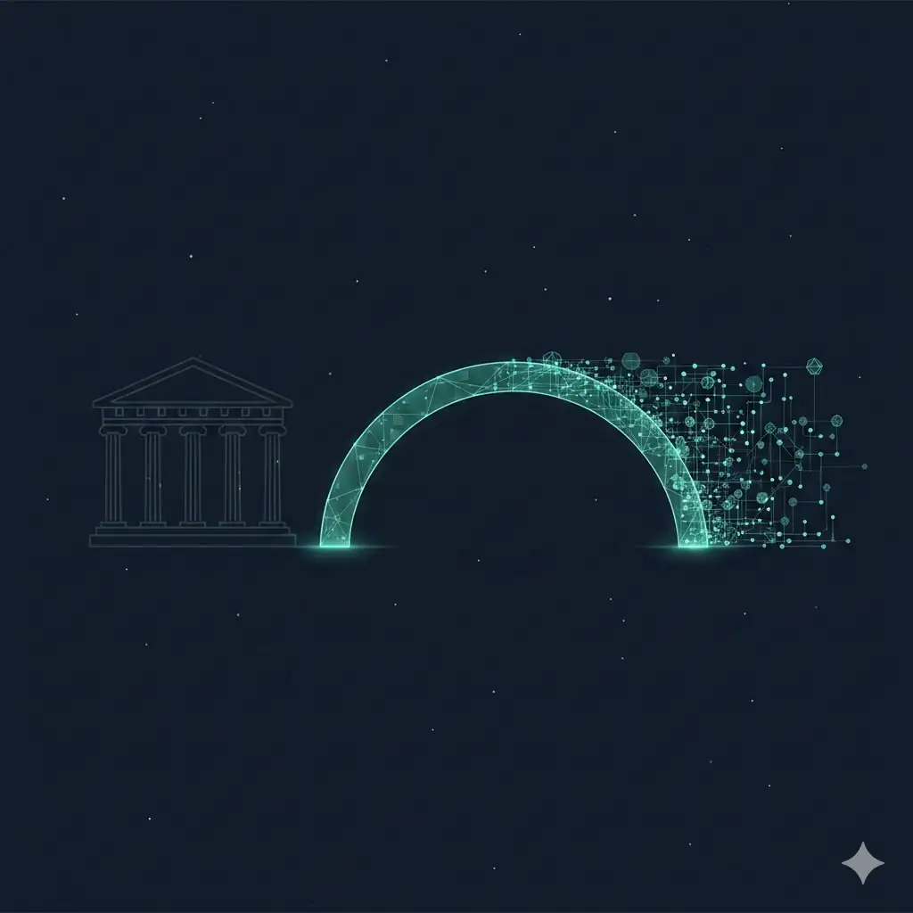 A sophisticated digital bridge connecting traditional financial architecture with a glowing global crypto network, symbolizing the $1.5 billion treasury integration.