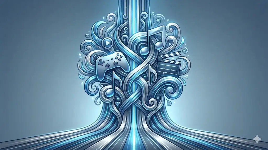 Concept art representing Sony's diversified, IP-driven business ecosystem as a strong, unified pillar.