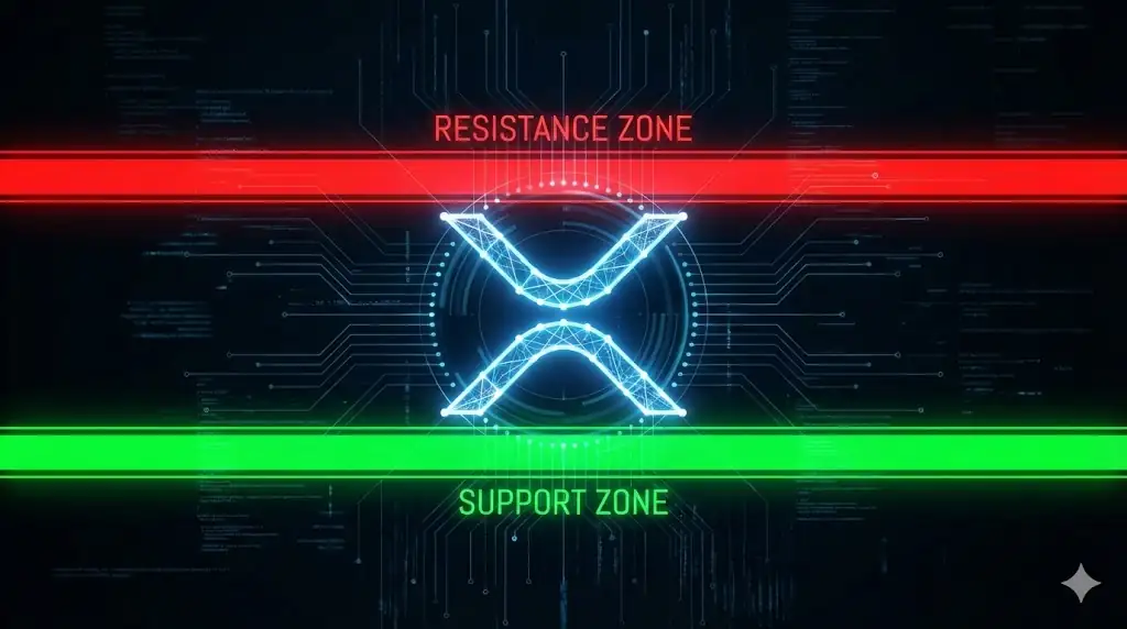 Stylized representation of XRP token between key support and resistance zones