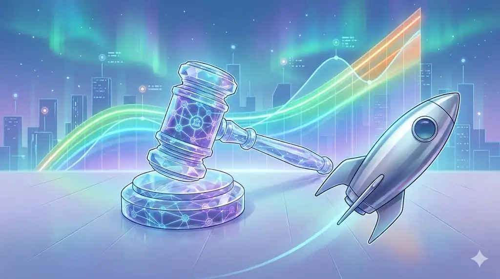 A futuristic digital art scene blending concepts of space travel, legal clarity, and financial growth in the cryptocurrency world.