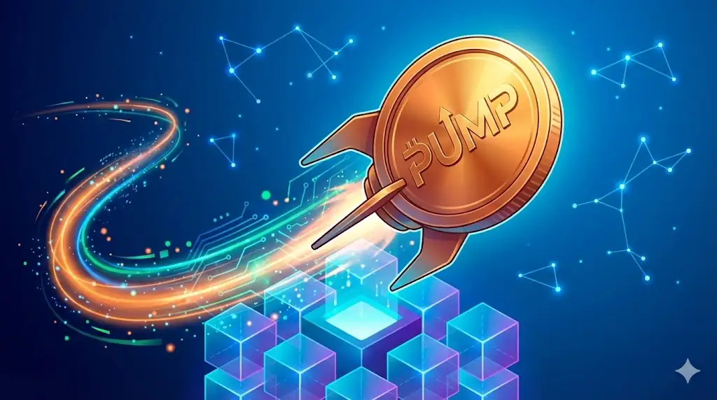 A conceptual rocket, shaped like a cryptocurrency token, launches powerfully from a blockchain launchpad, leaving a vibrant trail of light and digital particles.