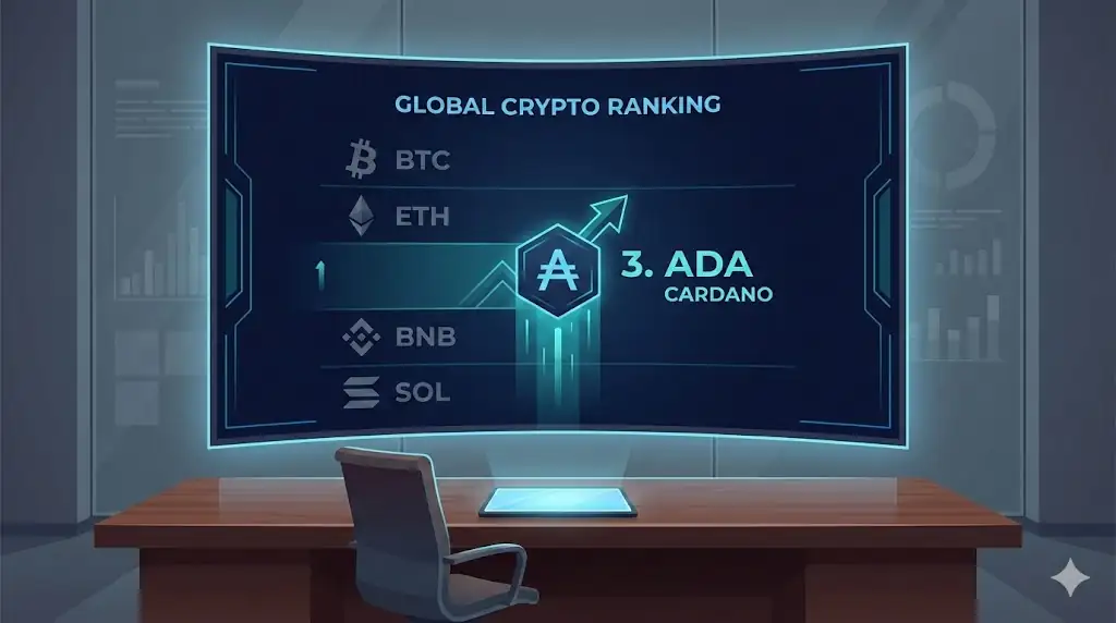 Displays Cardano's rise in institutional performance rankings alongside other major assets.