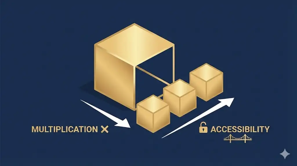 A clean visual metaphor of a golden asset block splitting into three identical parts to illustrate a stock split.
