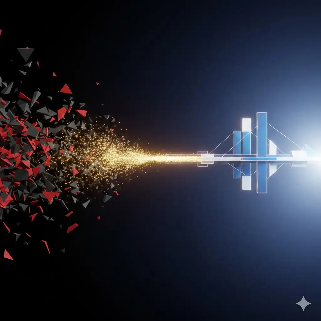 A conceptual header image showing the evolution of the crypto market from volatile chaos on the left to a stable, regulated structure on the right, using abstract geometric shapes and light flows.