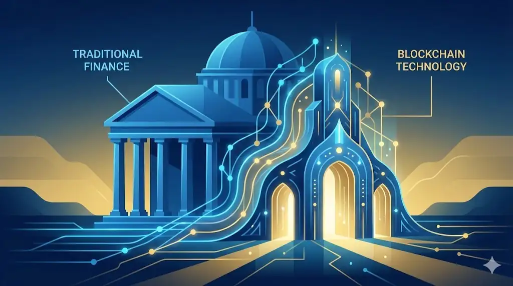 A conceptual header image showing the integration of traditional and digital finance into a stable new structure.