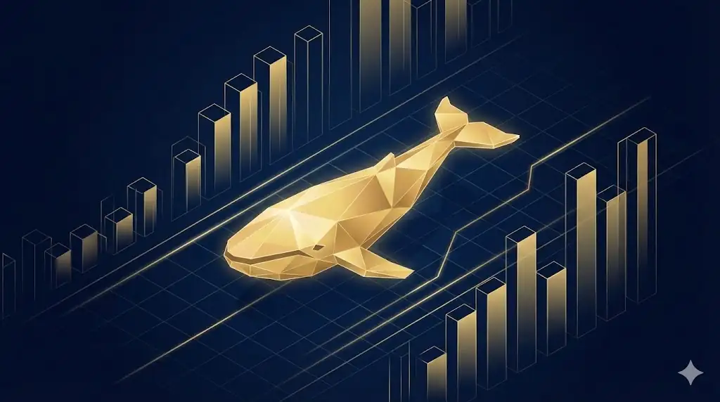 A golden digital whale silhouette swimming through a navy blue sea of glowing data grids and price candles.