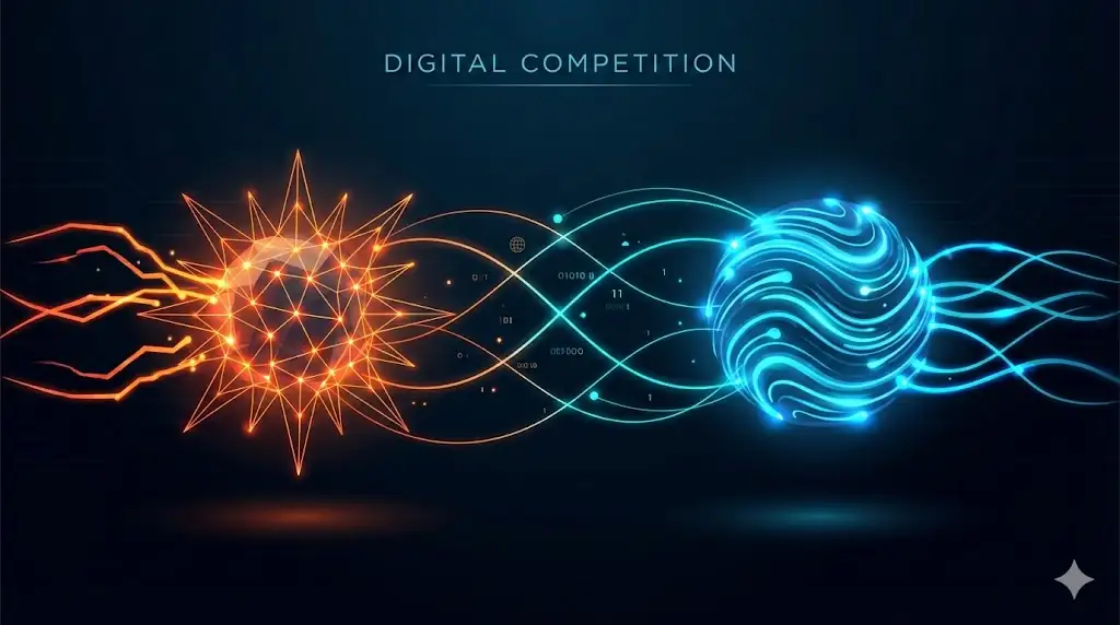 A conceptual face-off between two glowing, high-detail neural network cores in a dark digital space.