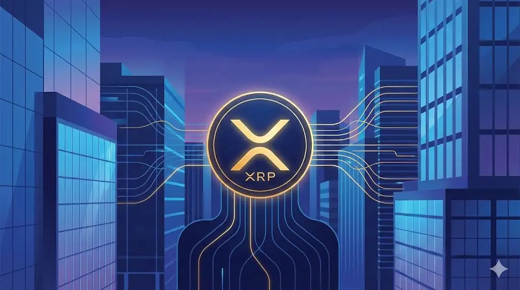 A header image showing an XRP digital coin floating above a high-tech server room with neural network overlays.