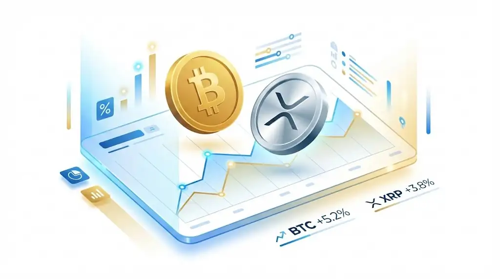 A golden Bitcoin and a sleek silver XRP token displayed on a futuristic holographic interface with subtle growth charts.