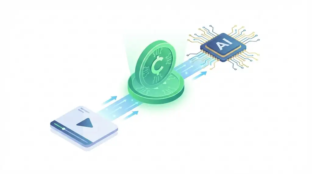 A central glowing emerald digital coin connected by light-streams to a sleek video interface and a high-tech AI server rack. Isometric digital illustration.