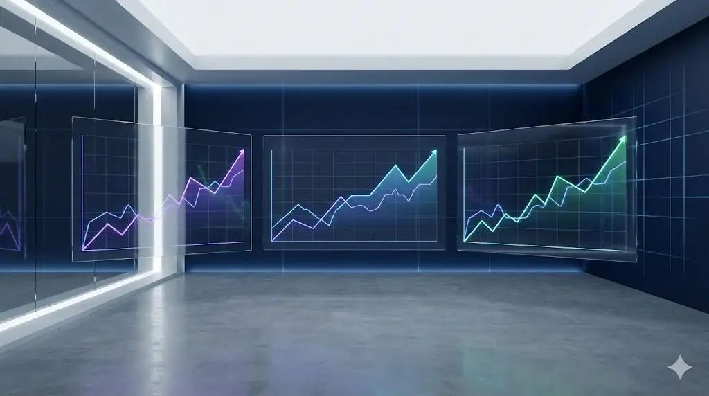 A futuristic digital dashboard displaying upward-trending market data visualizations for major cryptocurrencies.