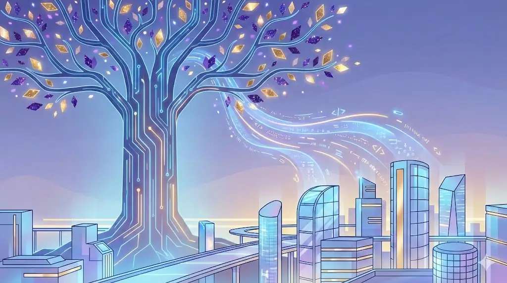 A futuristic illustration symbolizing the growth of wealth through the integration of AI and digital assets.