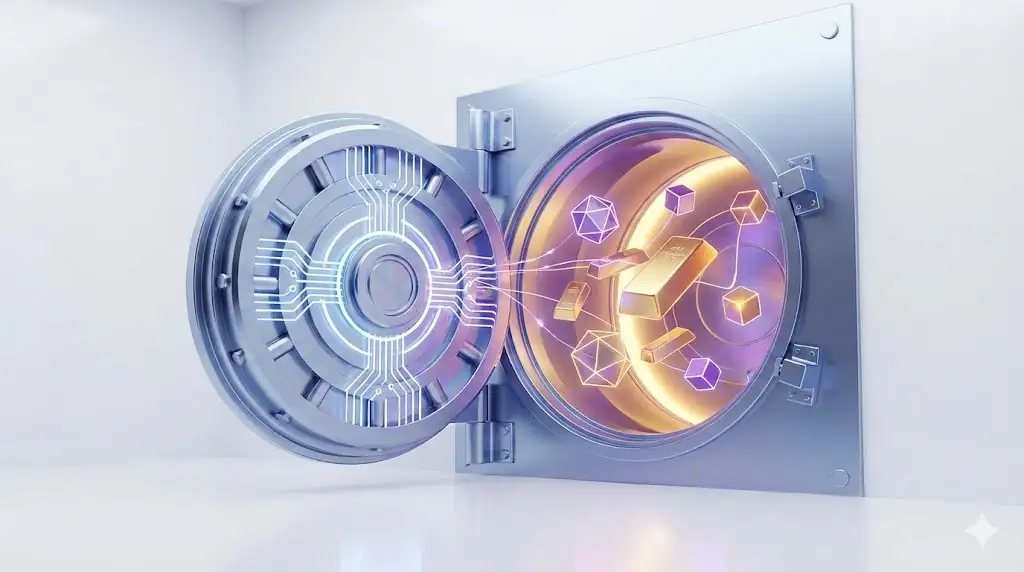 An illustration of a traditional vault symbolically holding and growing digital assets for retirement.