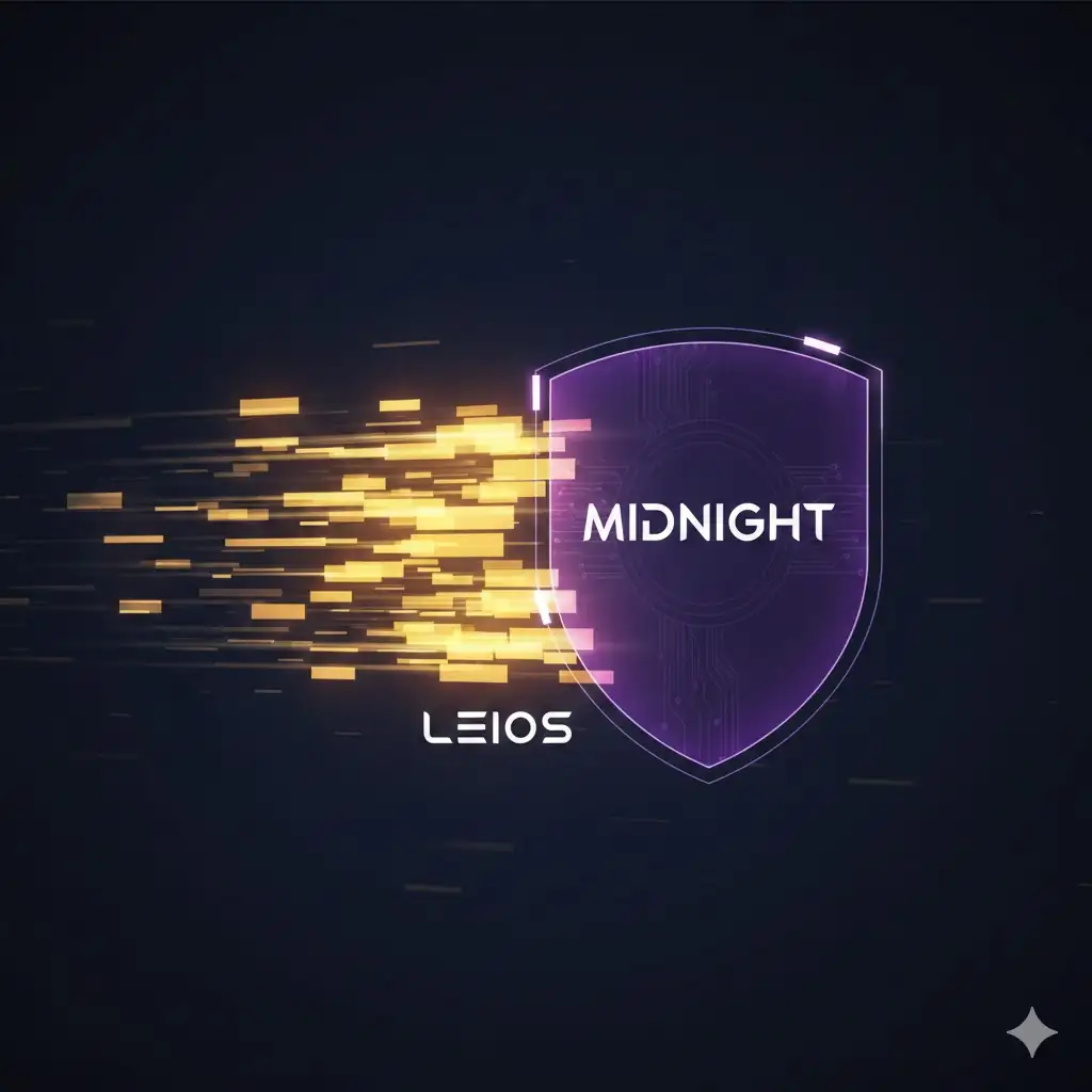 A conceptual representation of Cardano's Midnight privacy shield and the fast-moving parallel blocks of the Leios upgrade.