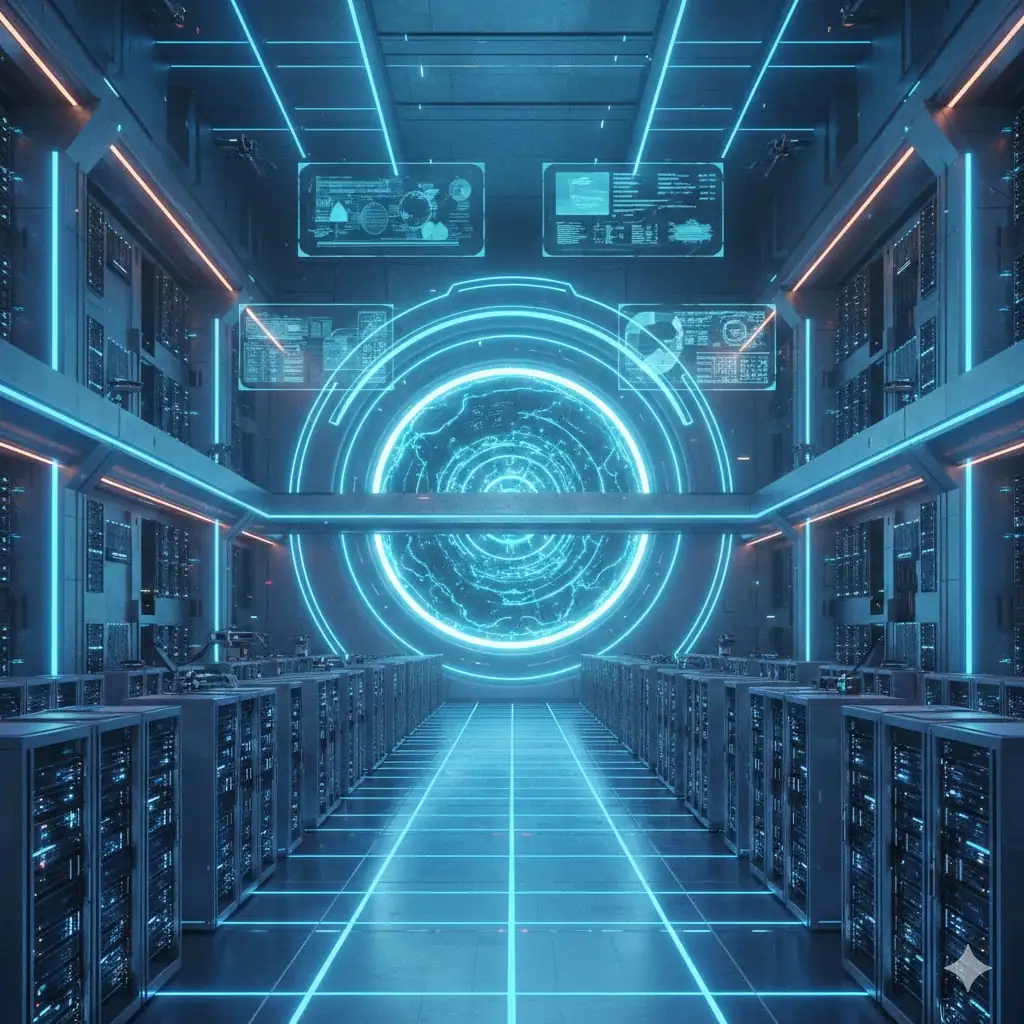 A massive, futuristic AI data center facility featuring a glowing energy core at the center of an industrial hall.
