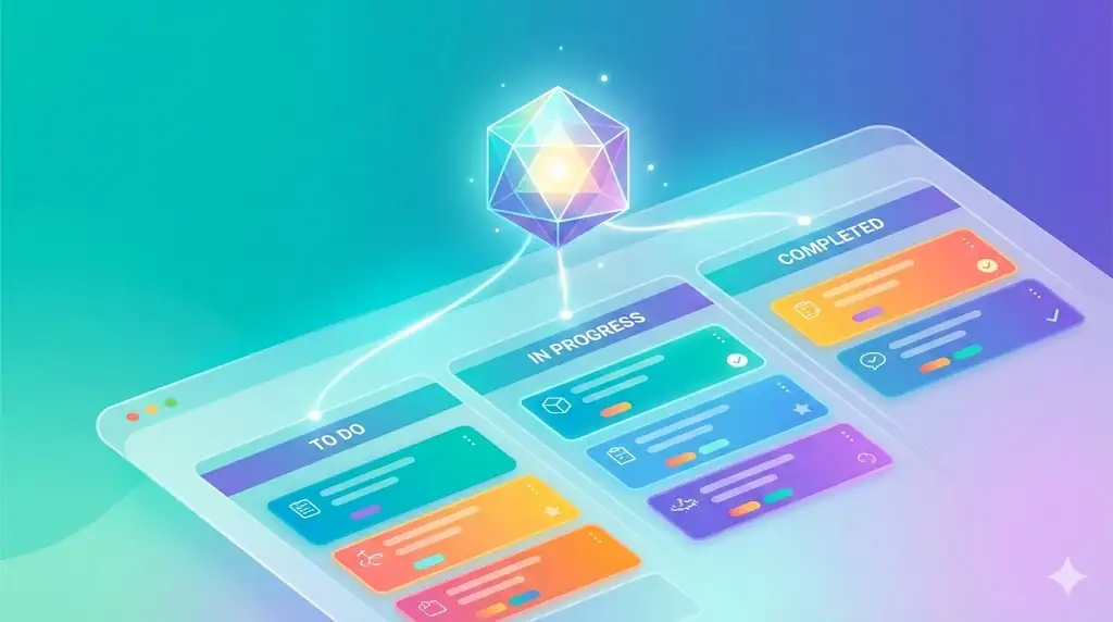A glowing, multifaceted crystal spark floating above a clean digital task board, organizing items automatically. Art style: clean digital art. minimalist, vector-inspired, vibrant UI colors, soft gradients, crisp edges. --ar 16:9