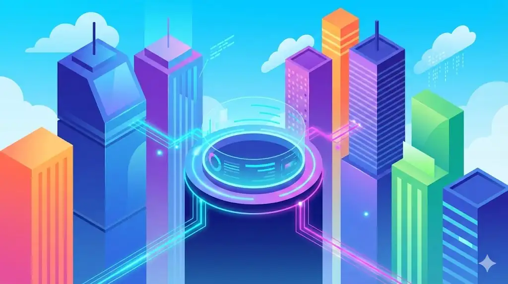 An array of large, stylized geometric office towers connected by glowing data lines to a central platform hub. Art style: clean digital art. minimalist, vector-inspired, vibrant UI colors, soft gradients, crisp edges. --ar 16:9
