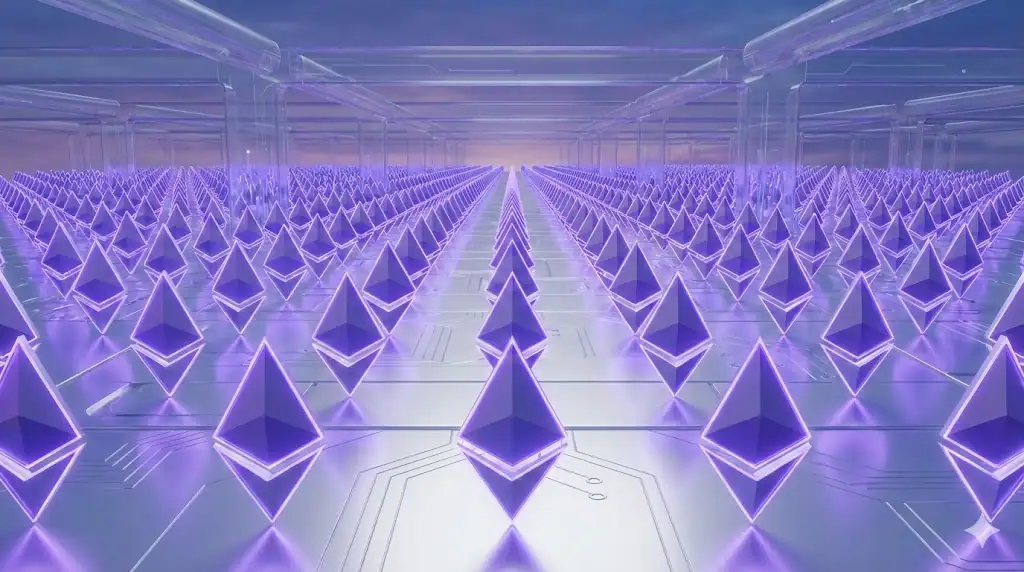 A vast, organized grid of glowing violet Ethereum crystals extending into a clean digital horizon.