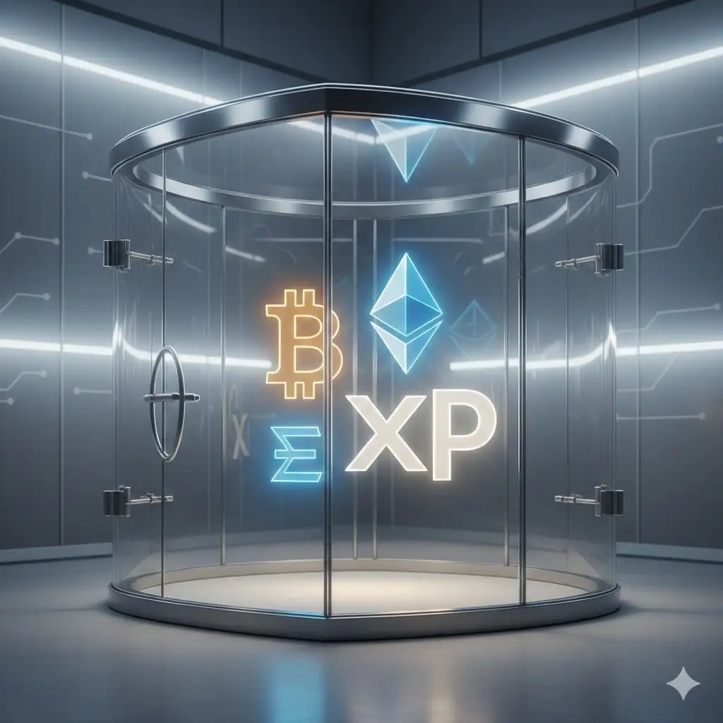 A sleek digital illustration of a modern, transparent glass vault containing glowing symbols of Bitcoin, Ethereum, and XRP. Clean lines, soft professional blue and gold lighting.
