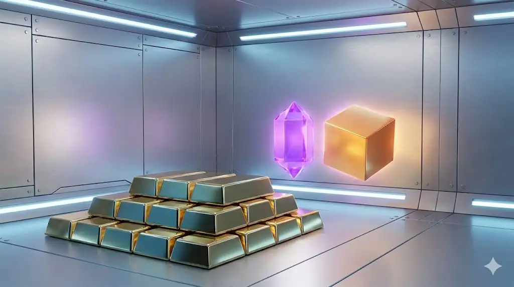 A conceptual image representing a strong treasury backed by cash (gold) and core digital assets like Ethereum and Bitcoin.