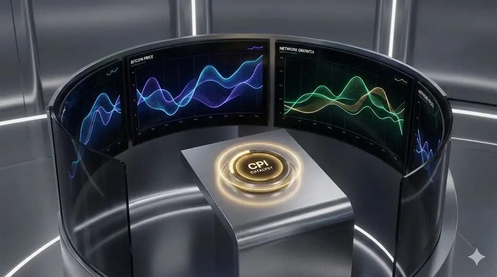 A conceptual visualization of a professional trading dashboard monitoring Bitcoin price, network metrics, and the CPI catalyst.