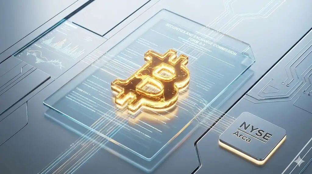 A symbolic illustration representing the filing of a Bitcoin ETF with regulatory bodies, merging crypto and traditional finance.