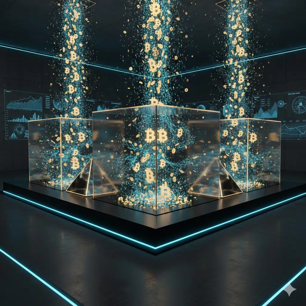 An abstract representation of large-scale institutional Bitcoin accumulation into corporate treasuries.