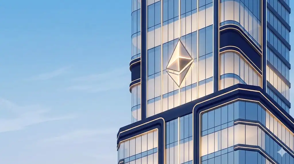 A sleek corporate skyscraper with a glowing Ethereum symbol embedded in its facade under a clear blue sky.