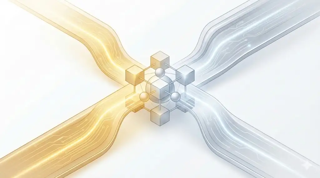 Two glowing streams of digital currency, one gold and one silver, merging into a central architectural hub.