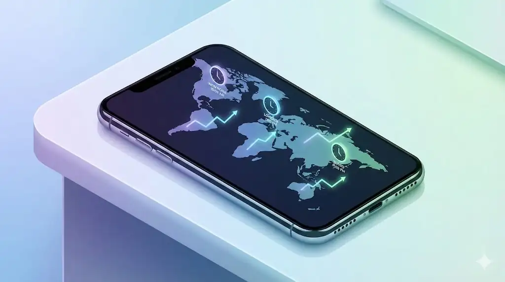 A sleek modern smartphone displaying a stylized global map with glowing clock icons and stock chart symbols.