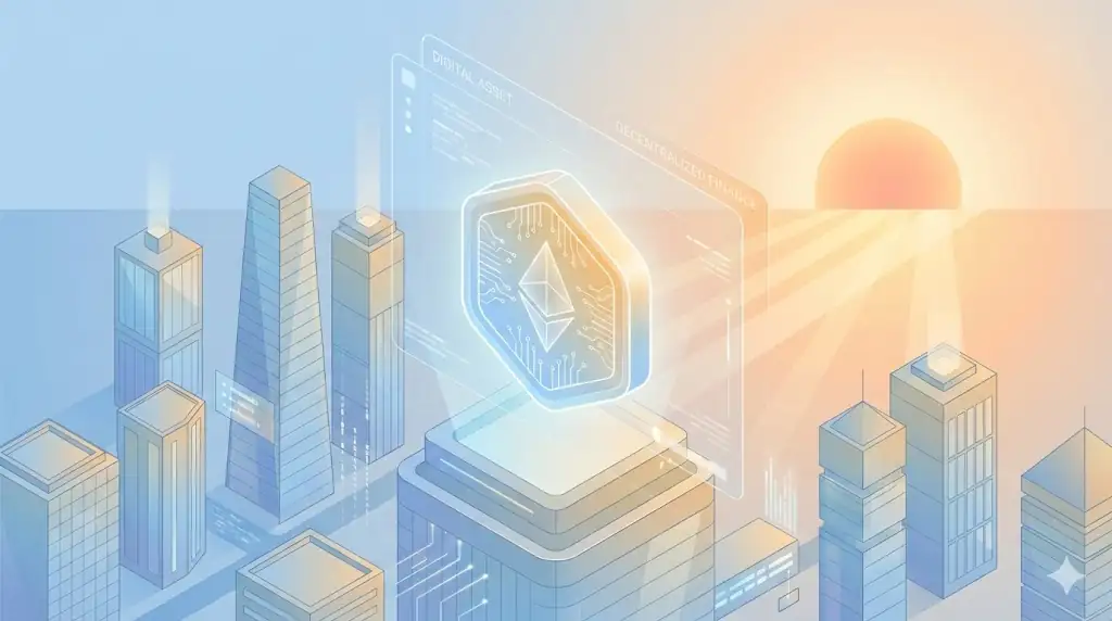 A glowing digital asset token hovering over a professional isometric city during a bright sunrise.