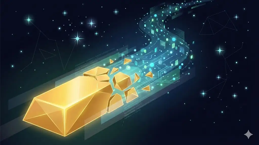 Abstract representation of institutional capital transforming and flowing into the crypto market.