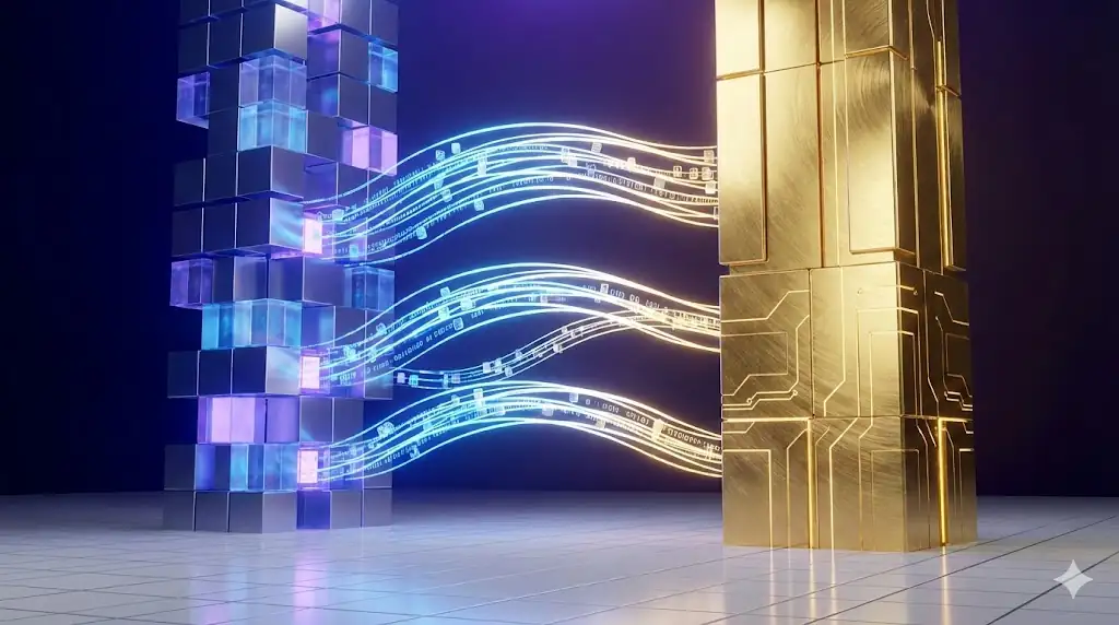 An abstract visualization of two powerful technological systems connecting and integrating.