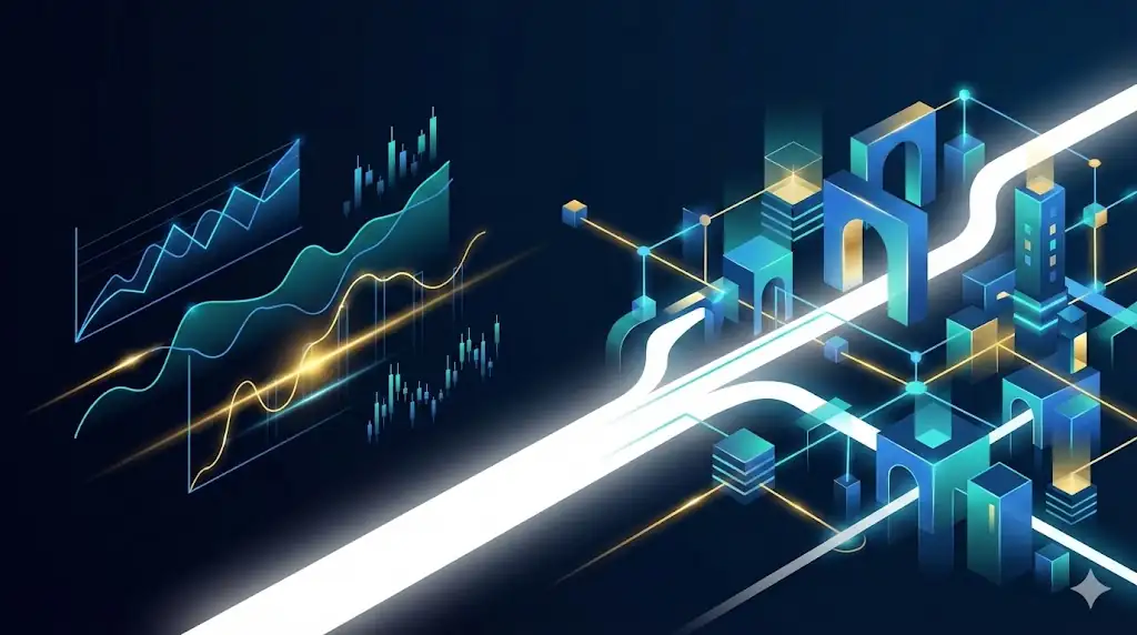 Abstract representation of the crypto market's pivot from speculation (charts) to utility (infrastructure).