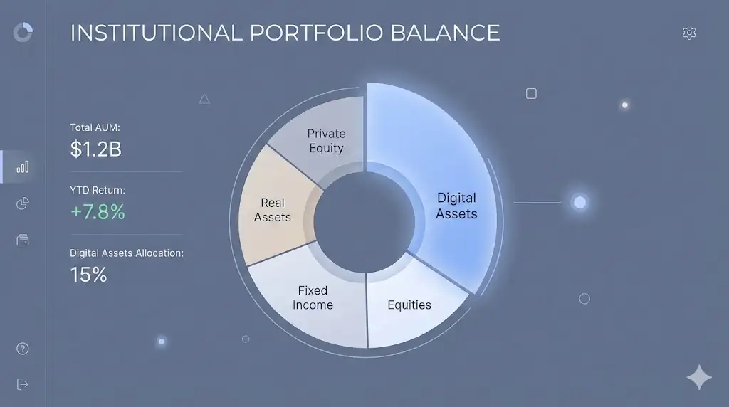 A sophisticated digital interface showing a balanced institutional investment portfolio chart.