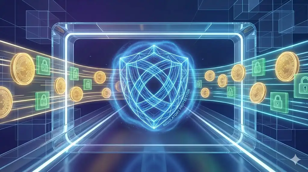 A symbolic digital art piece representing crypto exchange security and regulatory compliance, featuring protective shields and orderly data flows.