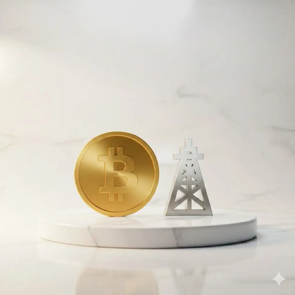 A golden Bitcoin coin and a clean silver energy derrick icon sitting together on a polished marble surface.