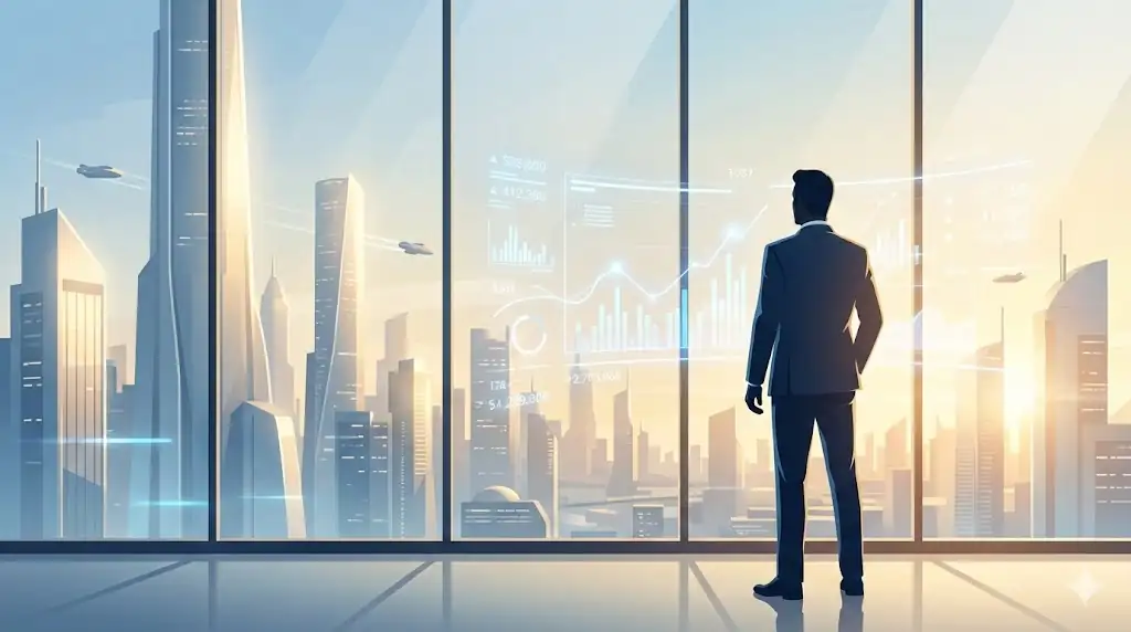 A visionary professional overlooking a bright futuristic city with clean holographic data lines.
