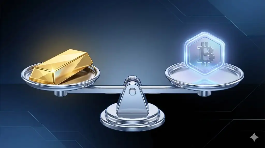 A conceptual image representing corporate treasury strategy: a traditional gold bar and a digital crypto token on a balance scale, perfectly balanced.