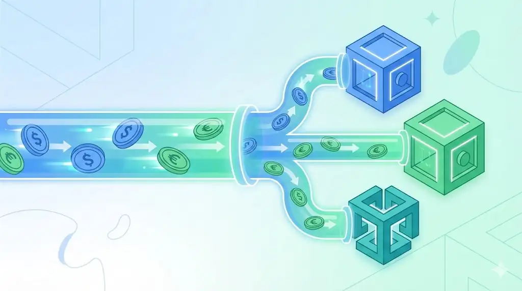 Conceptual illustration showing stablecoin liquidity flowing into DeFi protocols.