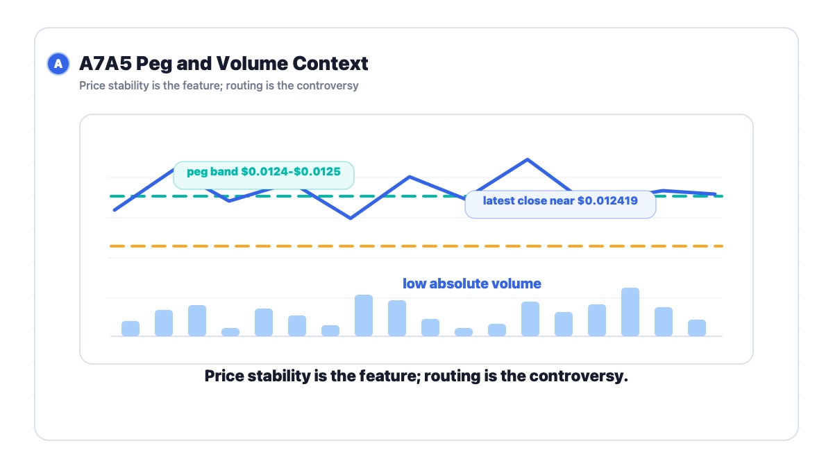 A7A5 peg band and low volume context showing price stability as operational signal