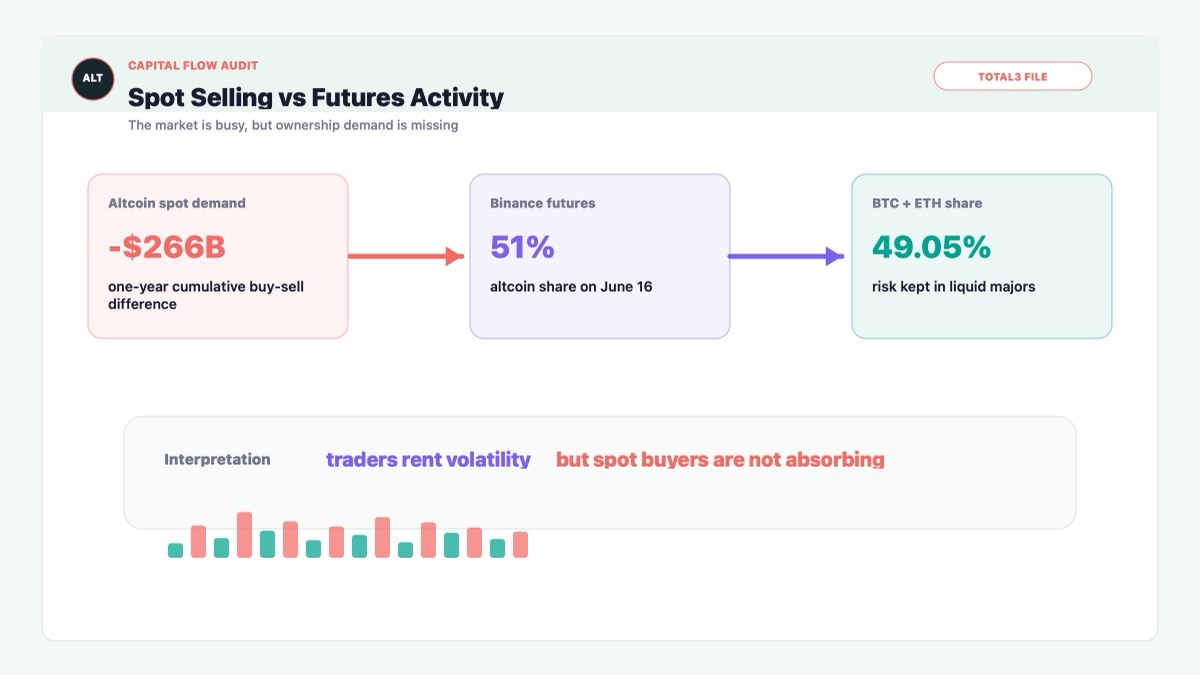 Altcoin capital audit showing $266B net selling while futures activity remains high