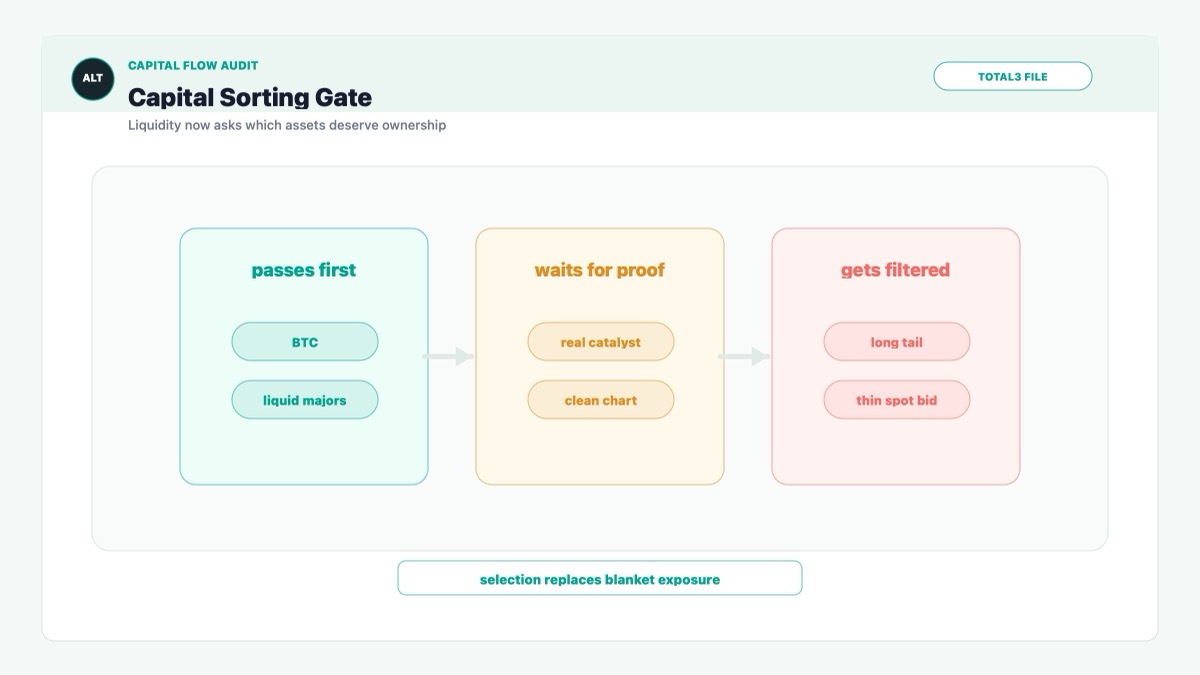Crypto capital sorting gate showing Bitcoin and liquid majors favored over broad altcoins