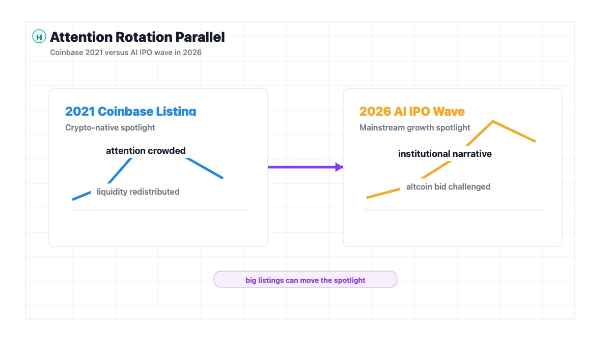 Coinbase 2021 listing historical parallel for AI IPO attention rotation and altcoin liquidity risk