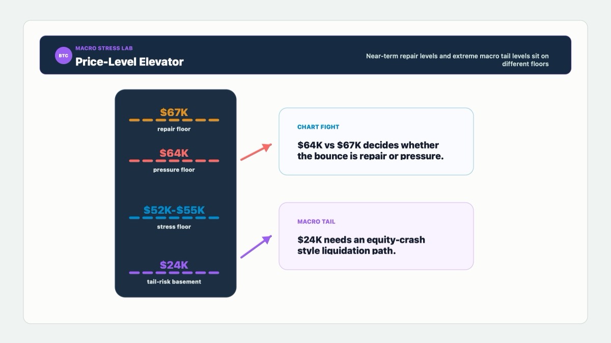Bitcoin two-layer risk map showing $64K pressure, $67K repair, $52K stress and $24K tail