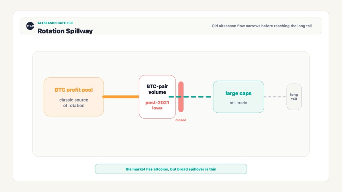 Bitcoin to altcoin rotation valve showing BTC liquidity no longer spilling into the long tail