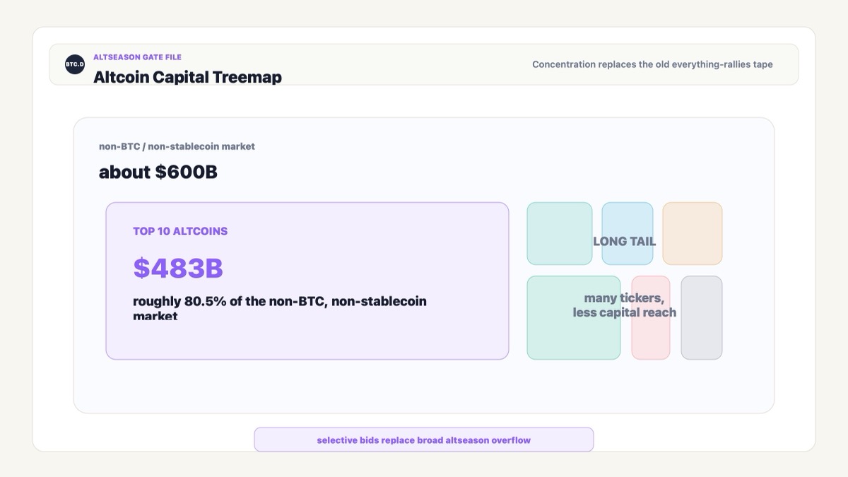 Altcoin market concentration treemap showing top 10 altcoins holding most non-BTC capital