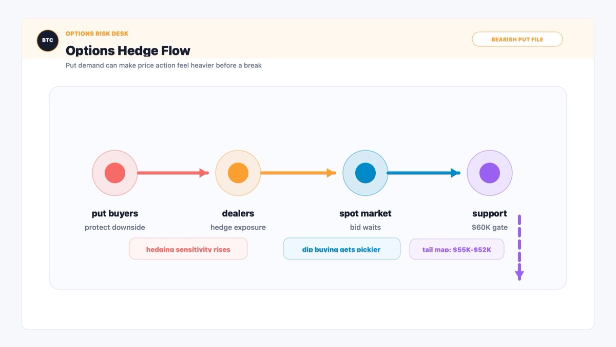 Bitcoin options market hedge flow map showing puts, dealer hedging and spot demand risk