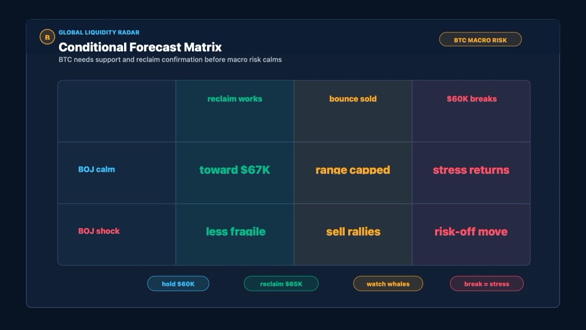 Bitcoin conditional forecast map for BOJ risk, whale supply and $60K support