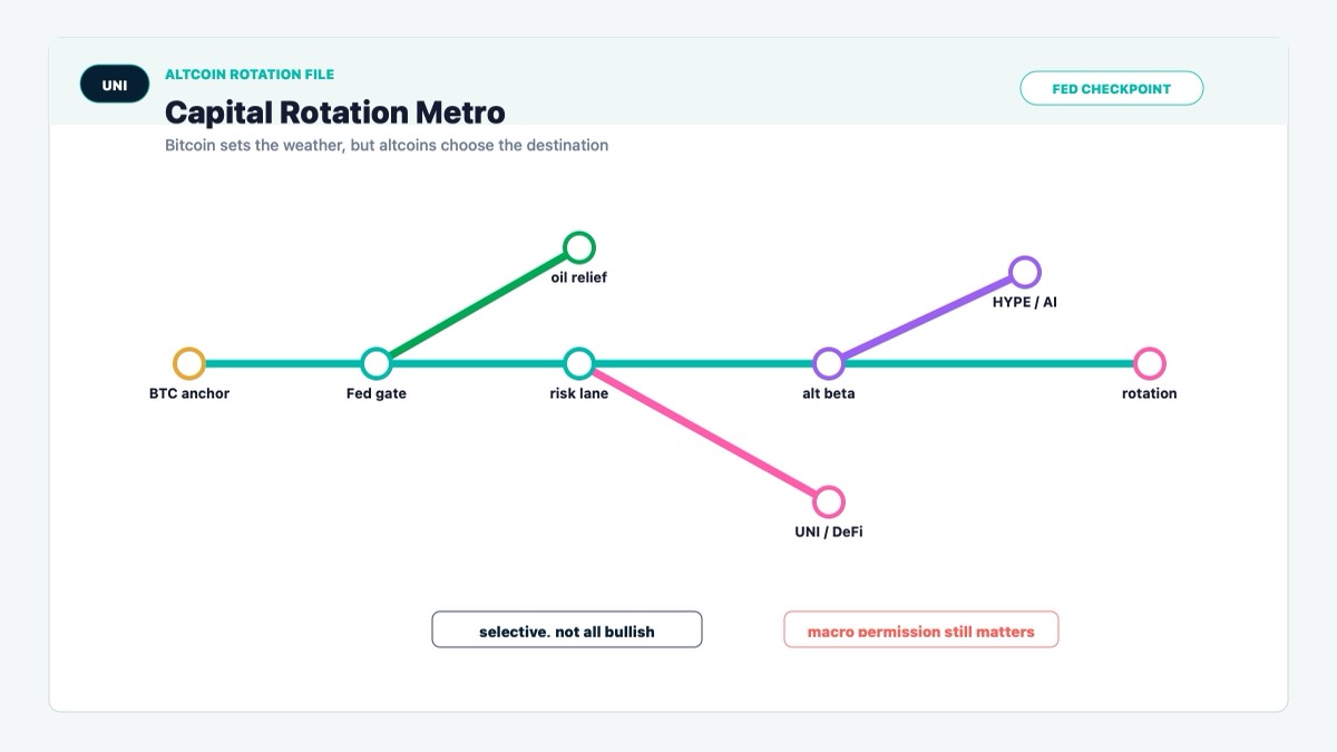 Crypto capital rotation map showing Bitcoin as anchor and UNI leading selective altcoin risk appetite